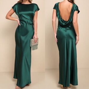 Captivating Presence Forest Green Satin Cowl Back Maxi Dress